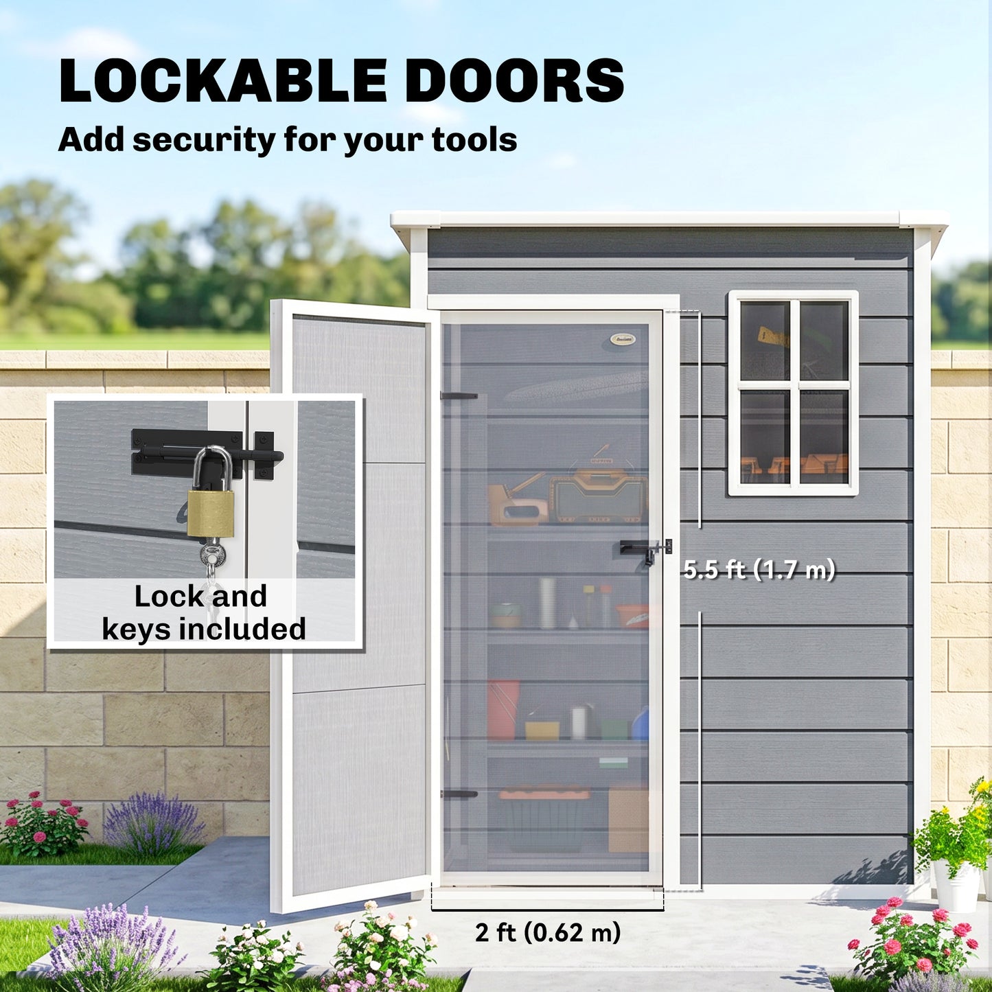 5' x 3' Plastic Garden Shed with Floor, Outdoor Storage Shed with Lockable Door, Window and Vent for Garden, Patio, Grey