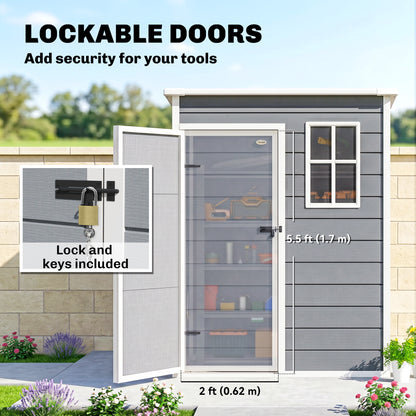 5' x 3' Plastic Garden Shed with Floor, Outdoor Storage Shed with Lockable Door, Window and Vent for Garden, Patio, Grey
