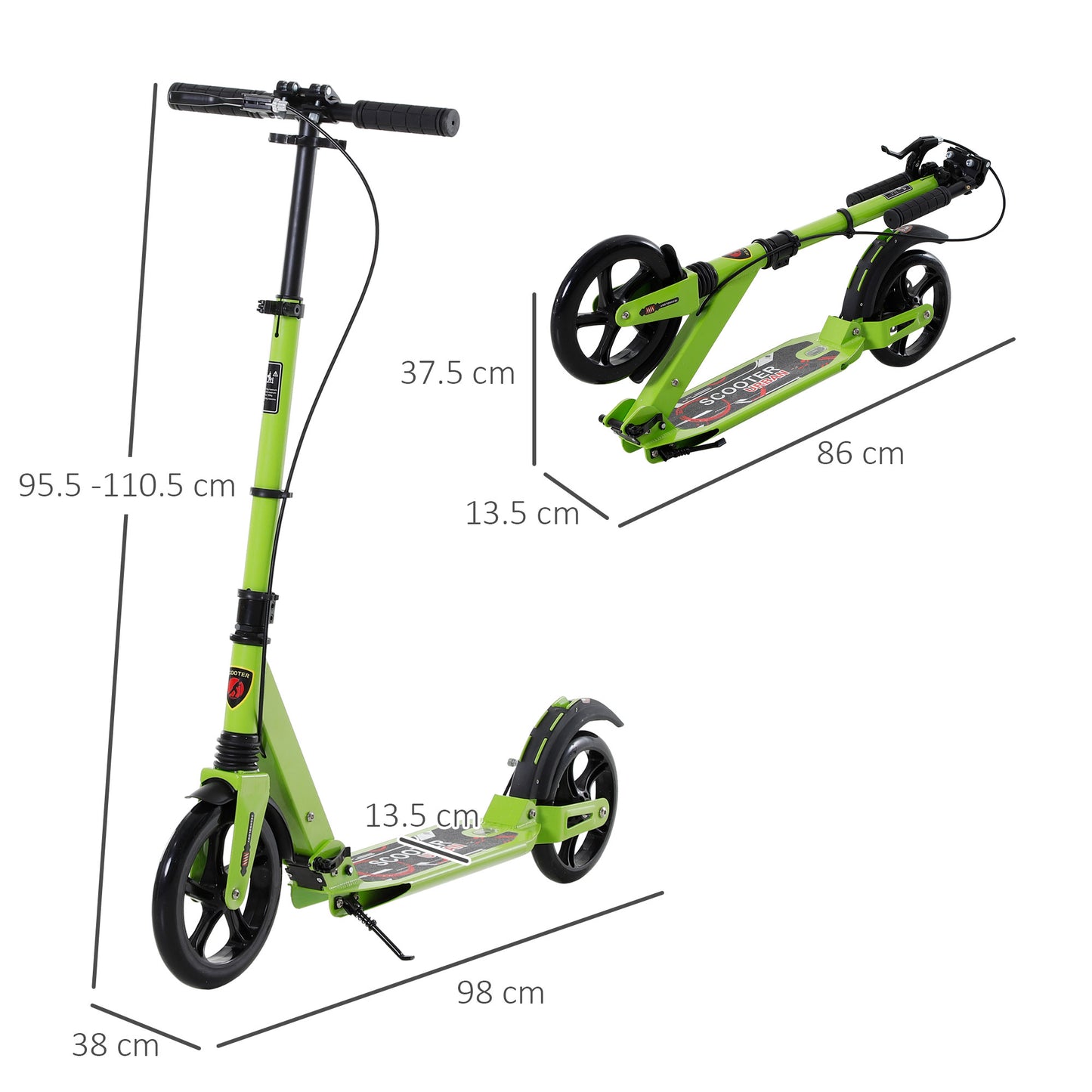 Kick Scooter, Folding 2 Wheel Scooter with Dual Brake System, Dual Suspension, 230mm Big Wheels and 3 Adjustable Handlebar