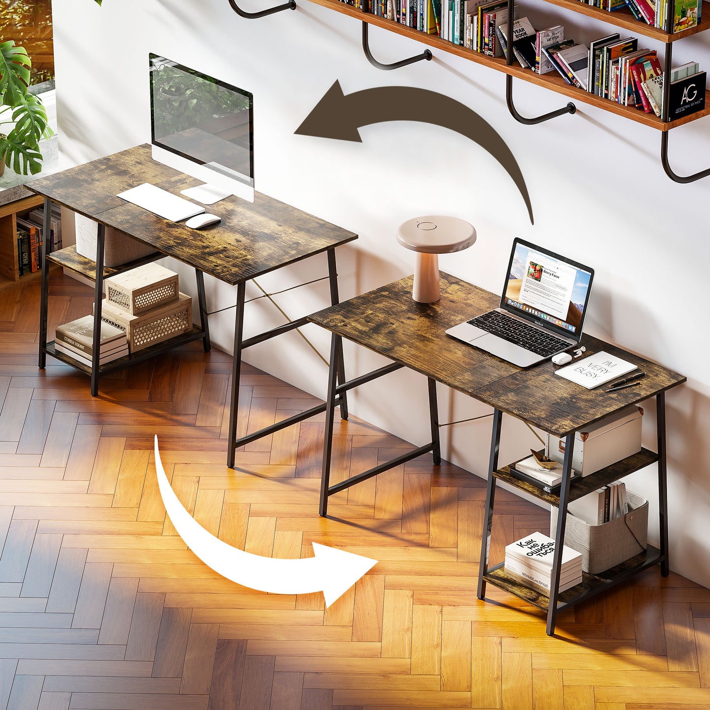 Industrial-Style Work Desk, with Shelves - Brown/Black