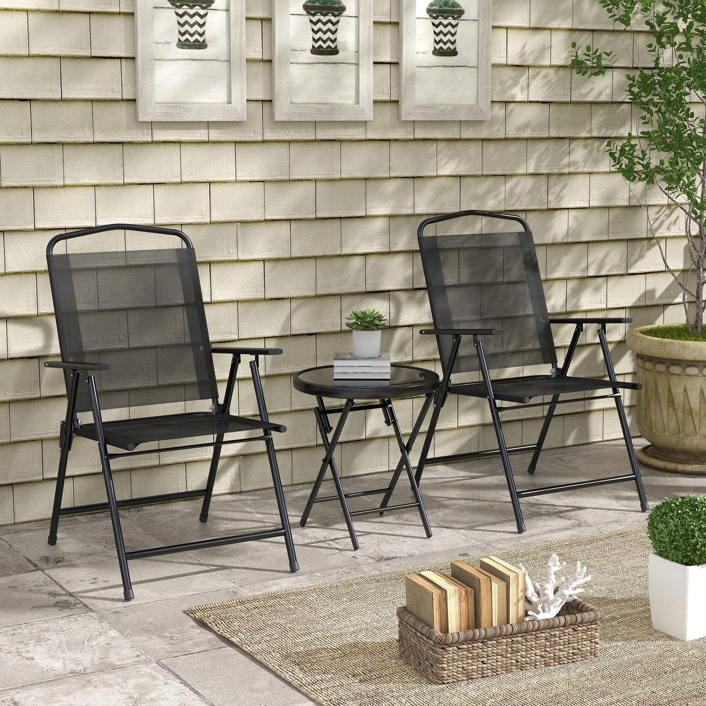 Three-Piece Garden Seat Set, with Glass-Top Table - Black