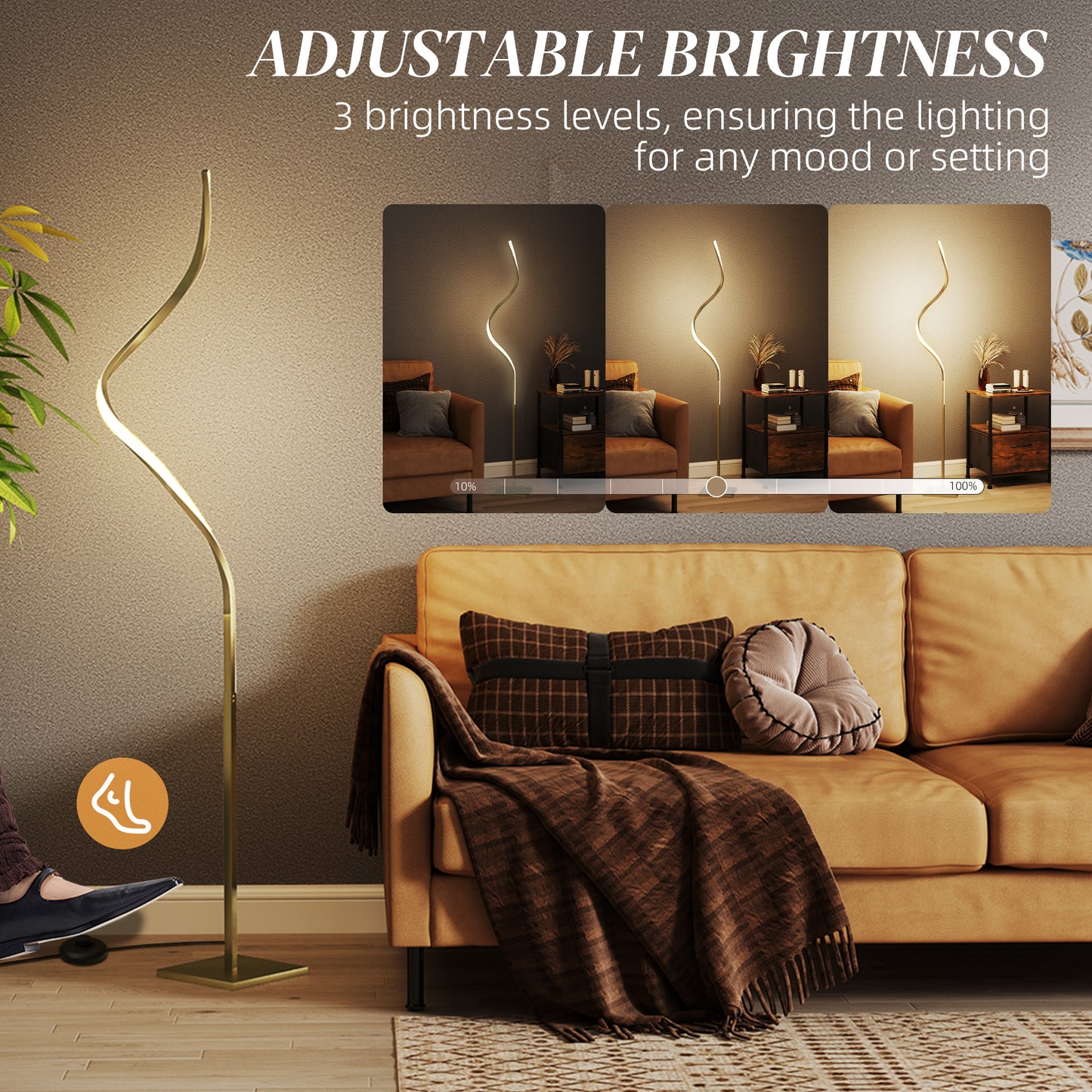 LED Floor Lamp with 3 Adjustable Brightness, Modern Dimmable Standing Lamp with Foot Switch for Bedroom, Living Room