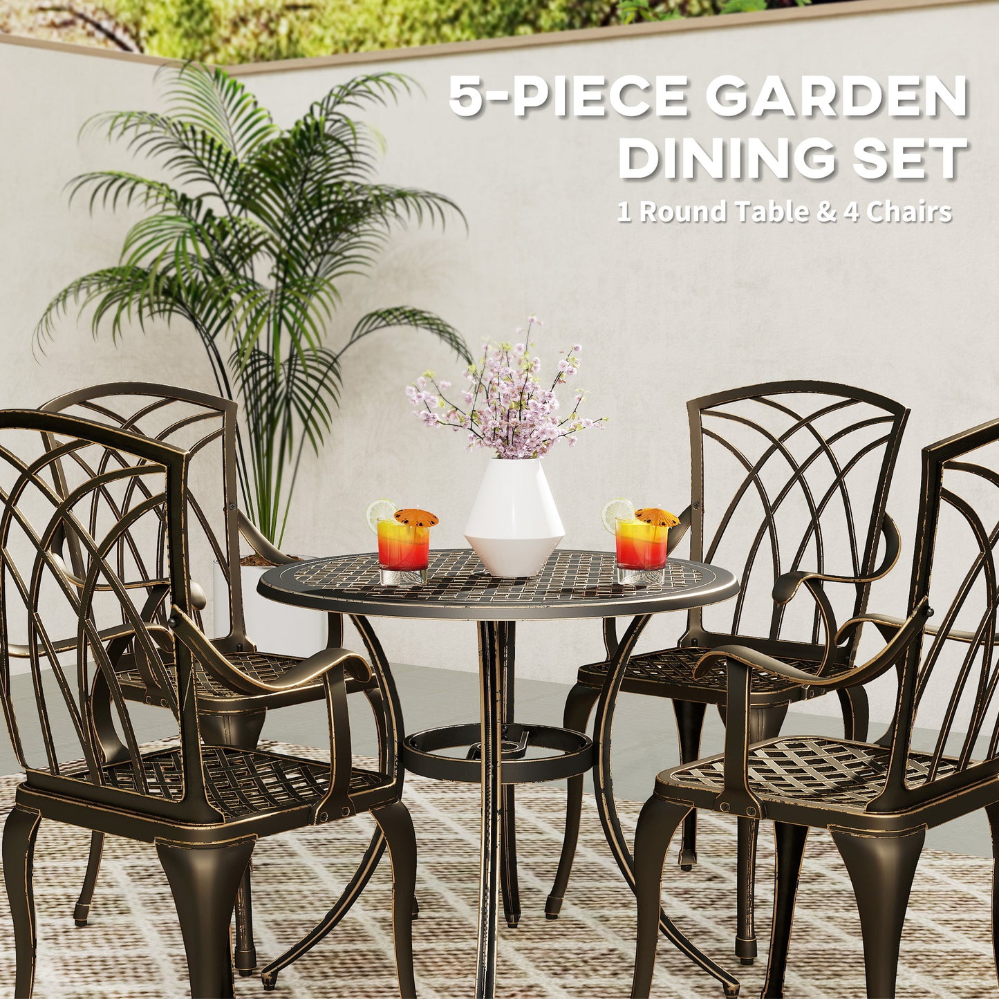 5 Pieces Garden Dining Set for 4, Cast Aluminium Outdoor Dining Set with 4 Armchairs and Round Dining Table with Parasol Hole
