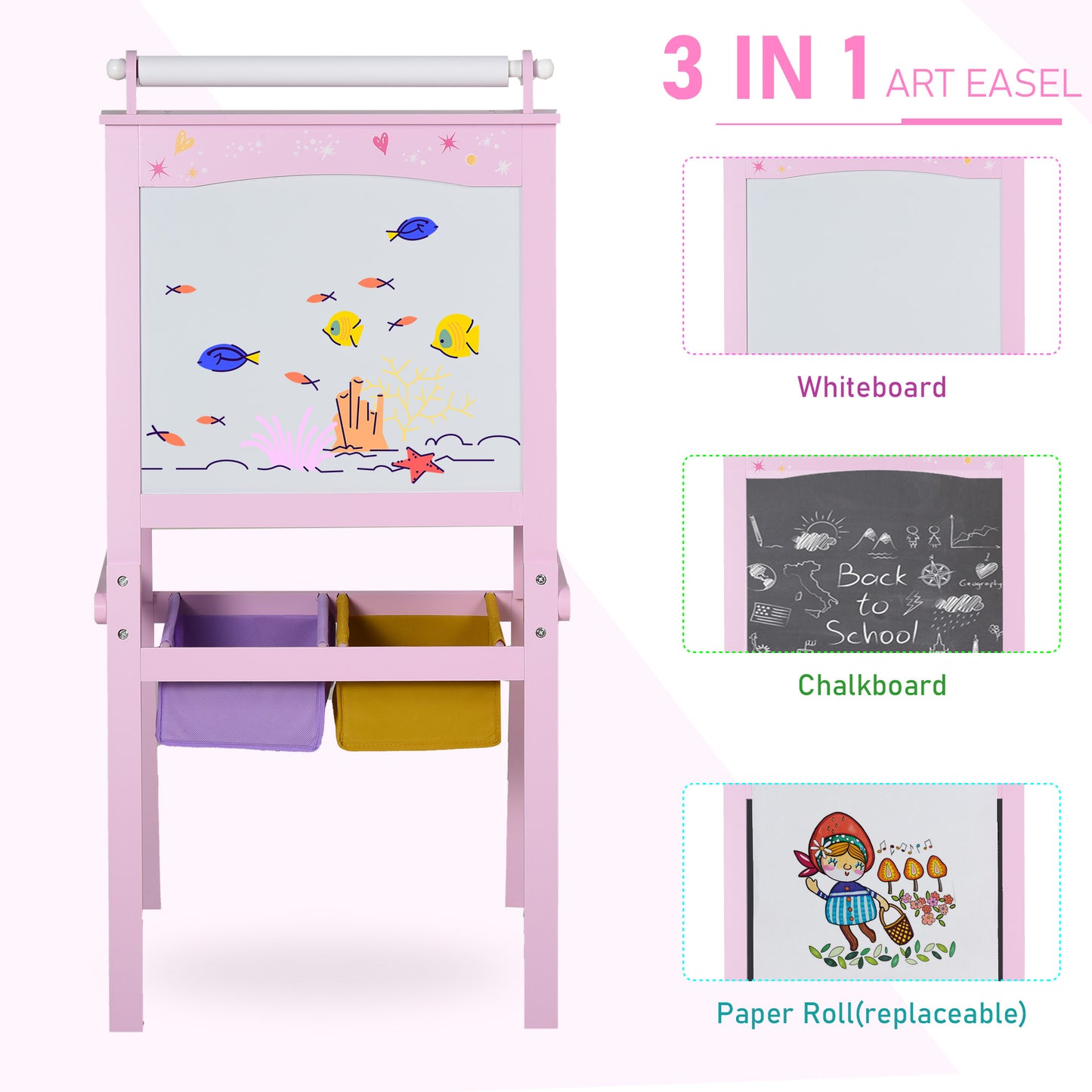 Kids Easel 3 in 1 Wooden Art Easel with Paper Roll Double-Sided Chalkboard & Whiteboard with Storage Baskets for Toddler Girl