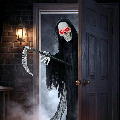 183cm Life Size Animated Grim Reaper Halloween Decoration, Scary Halloween Animatronics Decor with Sound Touch Activated