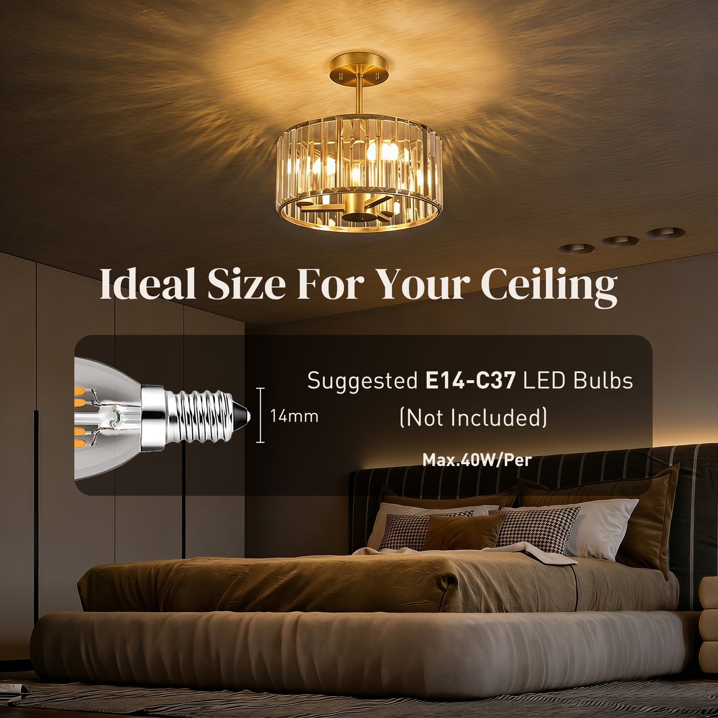 Semi Flush Mount Modern Crystal Chandelier Ceiling Light, Crystal Ceiling Light Fixture with E14 Base, Gold