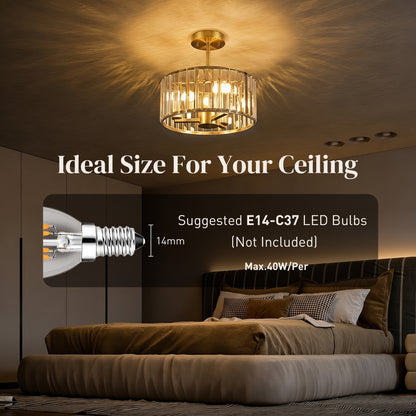 Semi Flush Mount Modern Crystal Chandelier Ceiling Light, Crystal Ceiling Light Fixture with E14 Base, Gold