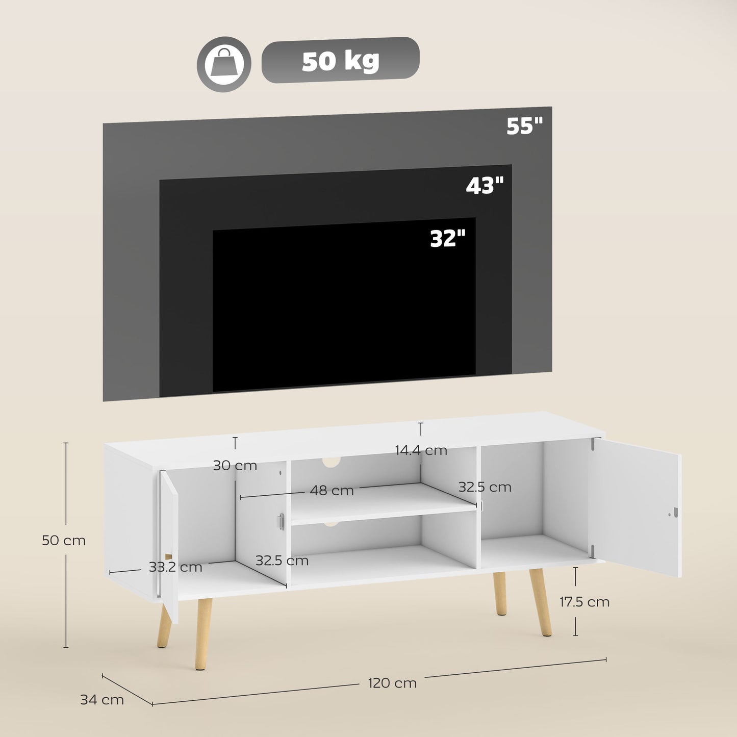 TV Stand Cabinet up to 55 Inches, TV Unit with Storage Shelves and Wood Legs for Living Room, Bedroom, White