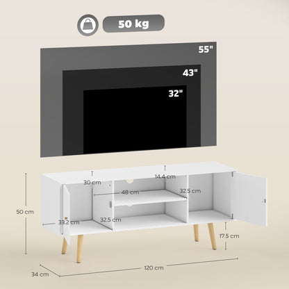 TV Stand Cabinet up to 55 Inches, TV Unit with Storage Shelves and Wood Legs for Living Room, Bedroom, White