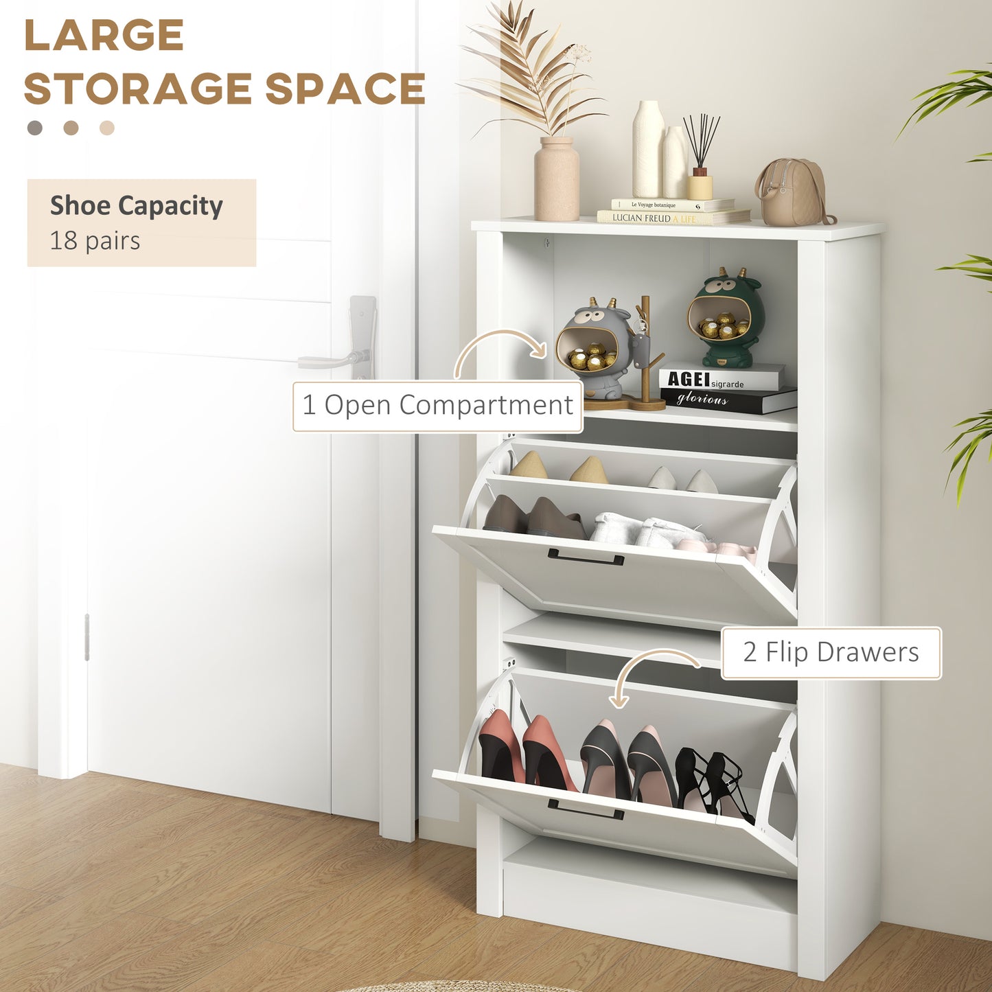 Modern Shoe Cabinet with 2 Flip Drawers and Adjustable Shelves, Narrow Shoe Storage Cabinet with Open Compartment