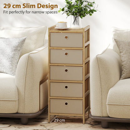 Chest of Drawers, 5 Fabric Drawers Narrow Dresser with Bamboo Frame, Cream White