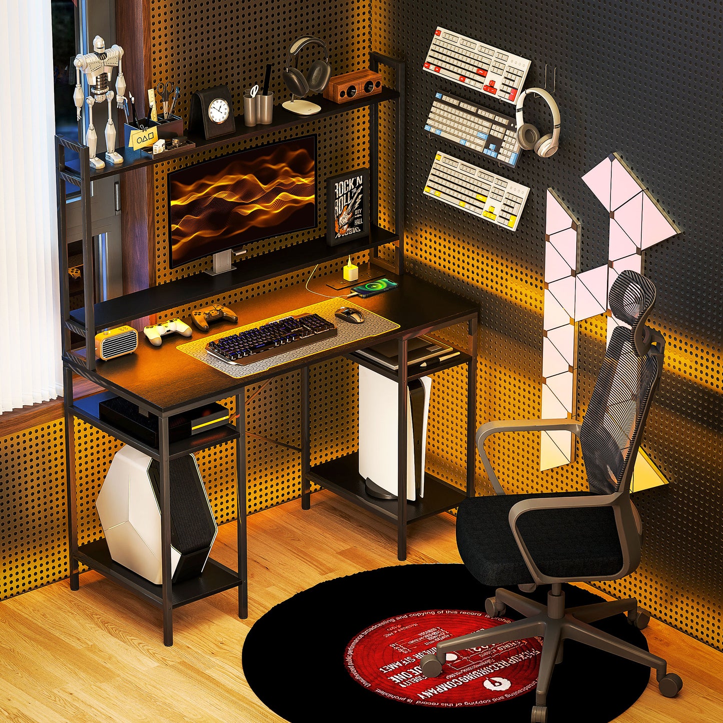 Computer Desk with Power Outlets and LED Lights, Home Office Desk with Monitor Stand, 2 CPU Stands and Storage Shelves