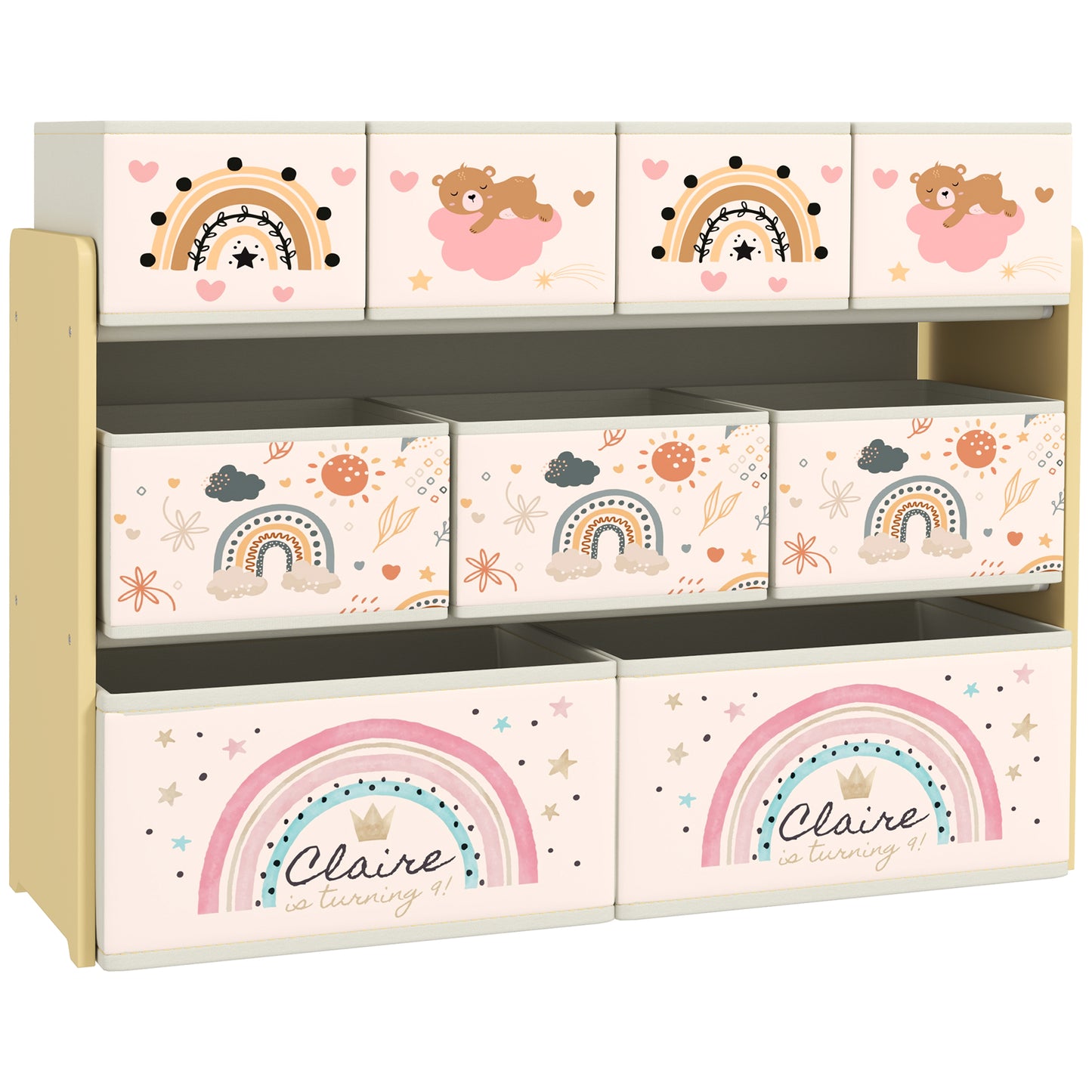 3-Tier Kids Storage Unit with 9 Non-Woven Fabric Boxes for Toys, Books, for Bedroom, Nursery, Yellow