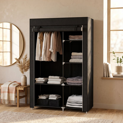 Fabric Wardrobe w/ Shelves Hanging Rail Foldable Wardrobe Black