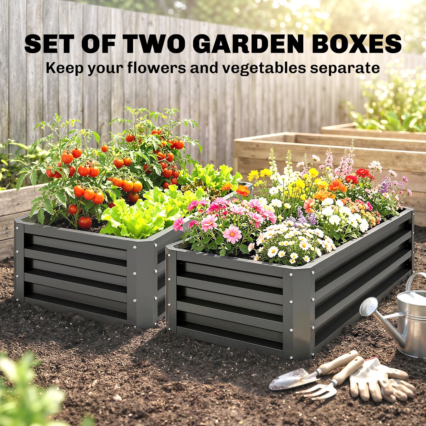 Set of Two 110 x 50cm Steel Planter Boxes - Dark Grey