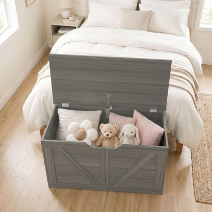 100L Home Storage Box, with Safety Hinge - Dark Grey Wood-Effect