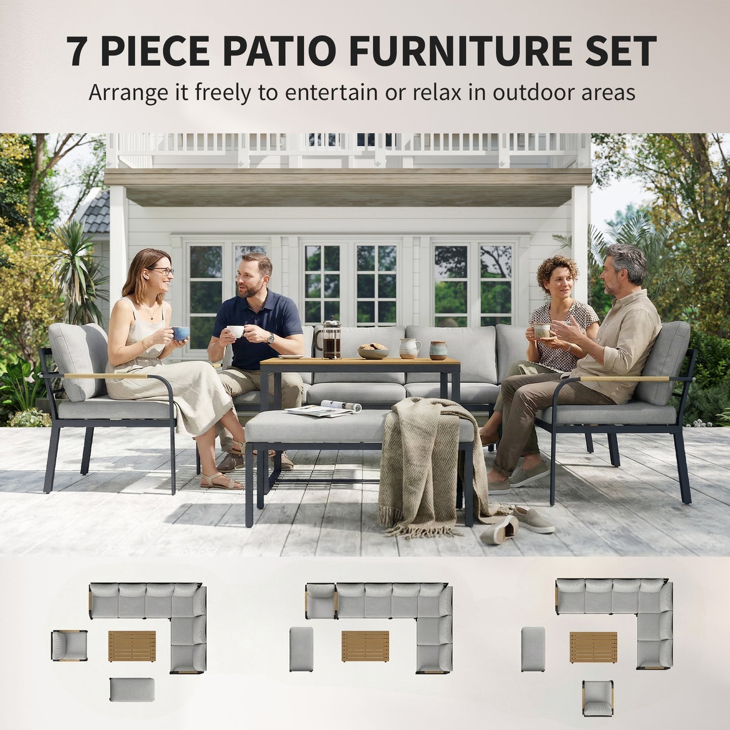 7 Seater Garden Furniture Set, Metal Garden Sofa Set with Cushions, Outdoor Furniture Conversation Sets, Light Grey