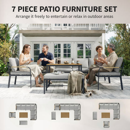 7 Seater Garden Furniture Set, Metal Garden Sofa Set with Cushions, Outdoor Furniture Conversation Sets, Light Grey