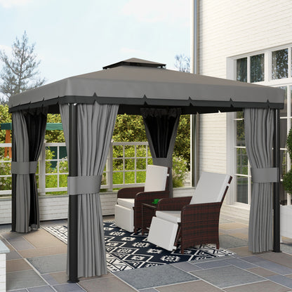 3 x 3(m) Patio Gazebo Canopy Garden Pavilion Tent Shelter Marquee with 2 Tier Roof, Netting and Curtains, Light Grey