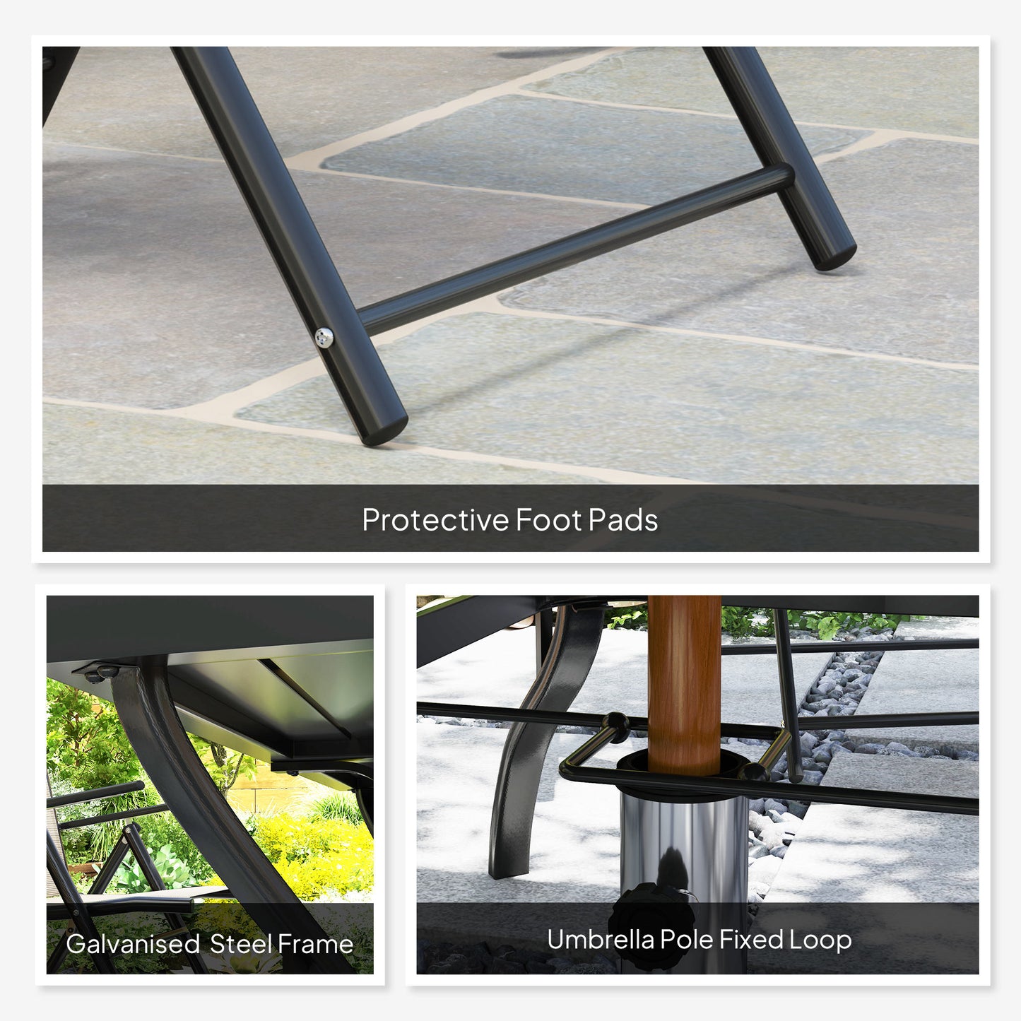 Seven-Piece Steel Outdoor Dining Set, with Parasol Hole - Khaki