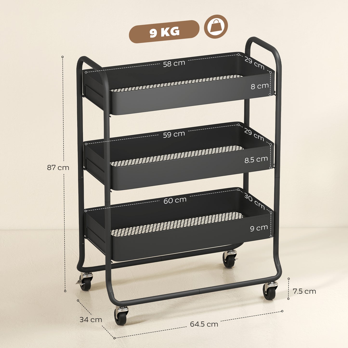 3-Tier Storage Trolley on Wheels, Rolling Utility Cart with Mesh Backets for Kitchen, Bathroom, Bedroom, Black