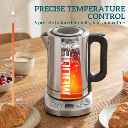 Electric Kettle, 1.7L, Fast Boil, 3kW Water Kettle with UK Strix Thermostat, Keep Warm Function, LCD Base, Silver Tone