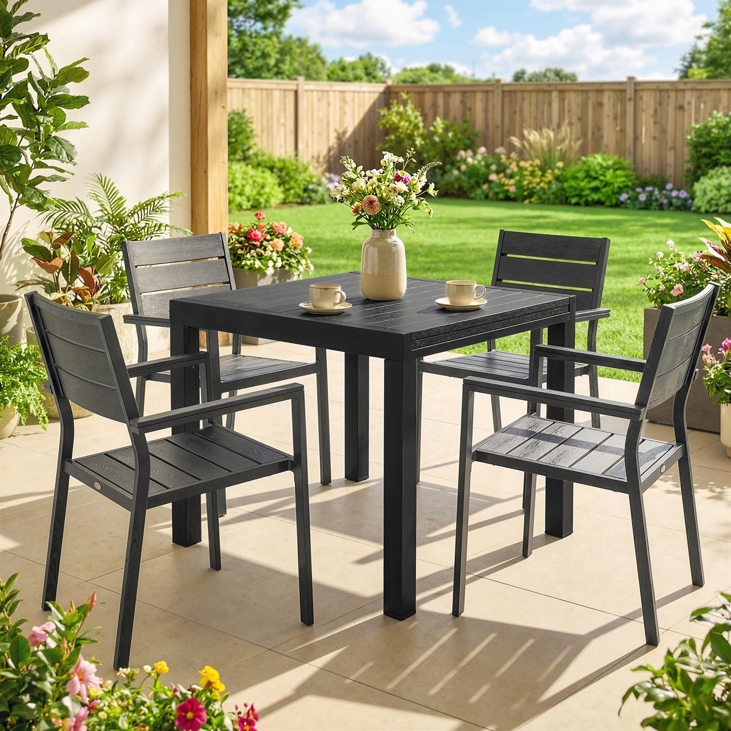 Extending Garden Table for 4-6, Aluminium Outdoor Dining Table with Faux Wood Slatted Top, Black