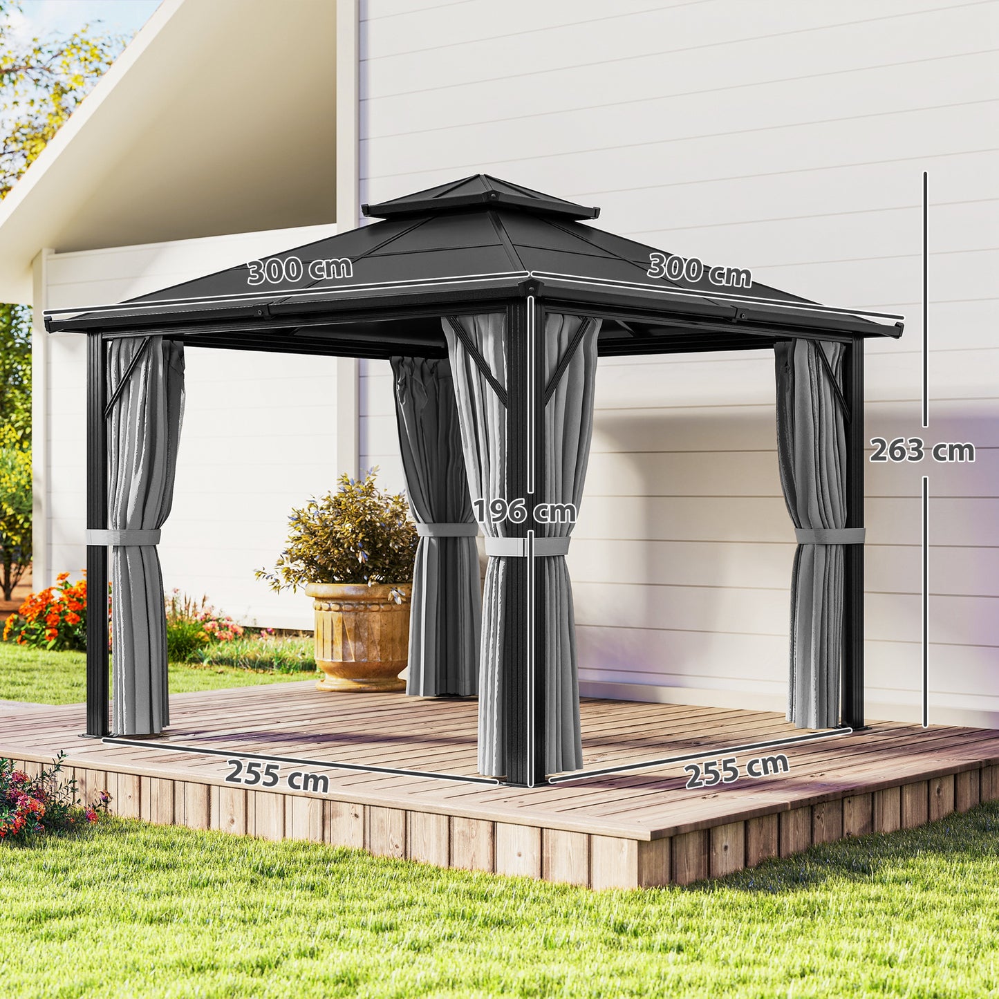 3 x 3(m) Hardtop Gazebo Canopy with UPF30+ Double Polycarbonate Roof, Aluminium Frame Garden Gazebo Permanent Pavilion