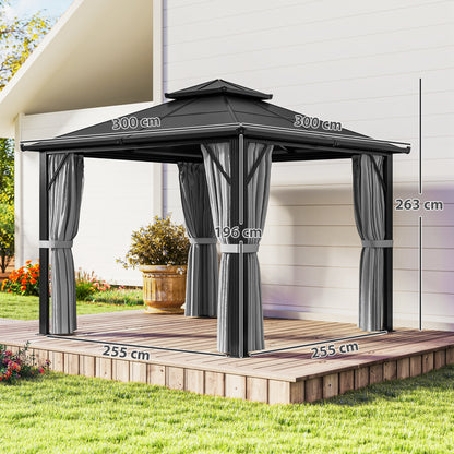 3 x 3(m) Hardtop Gazebo Canopy with UPF30+ Double Polycarbonate Roof, Aluminium Frame Garden Gazebo Permanent Pavilion