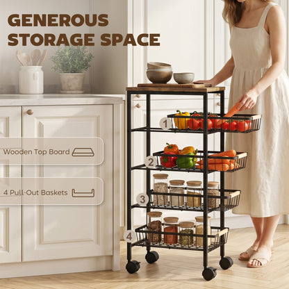 Metal Kitchen Trolley, 4-Tier Storage Trolley with Pull-Out Baskets and 4 Swivel Casters for Kitchen, Rustic Brown