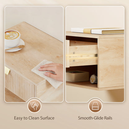 Set of 2 Wall Mounted Nightstands, Floating Bedside Tables with Fluted Drawer and Open Shelf for Small Bedroom, Oak