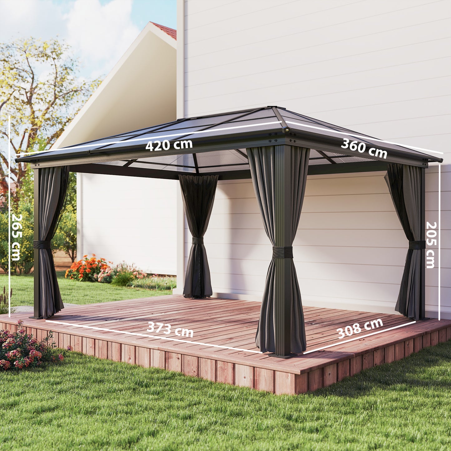 3.6 x 4m Hardtop Gazebo Canopy with Polycarbonate Roof, Aluminium Frame, Permanent Gazebo, Dark Grey