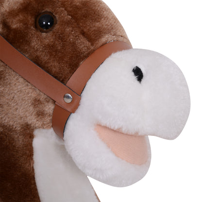 Kids Children Plush Rocking Horse Wooden Base Ride On Toy Rocker with Handle Grip Traditional Toy Fun Gift for Age 3+ (Brown