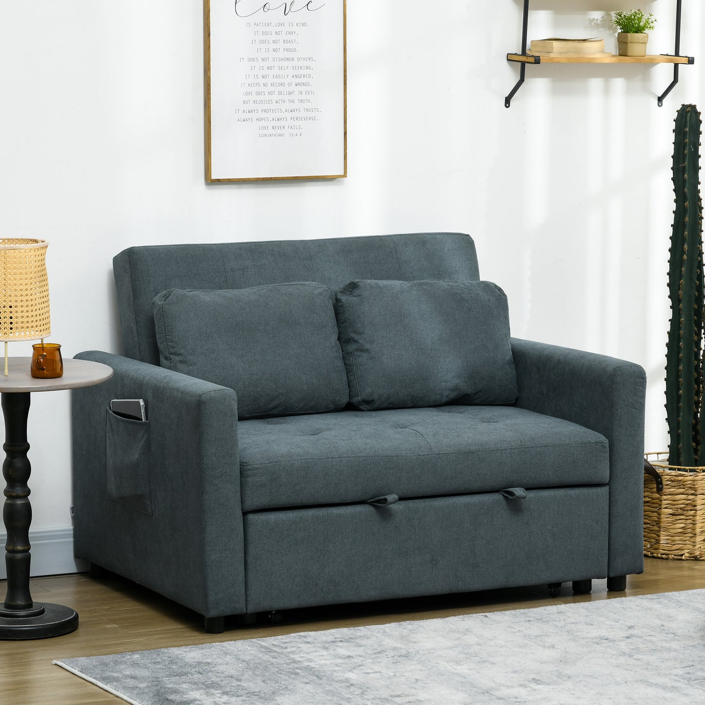 Loveseat Sofa Bed, Convertible Bed Settee with 2 Pillows, Side Pockets, Charcoal Grey
