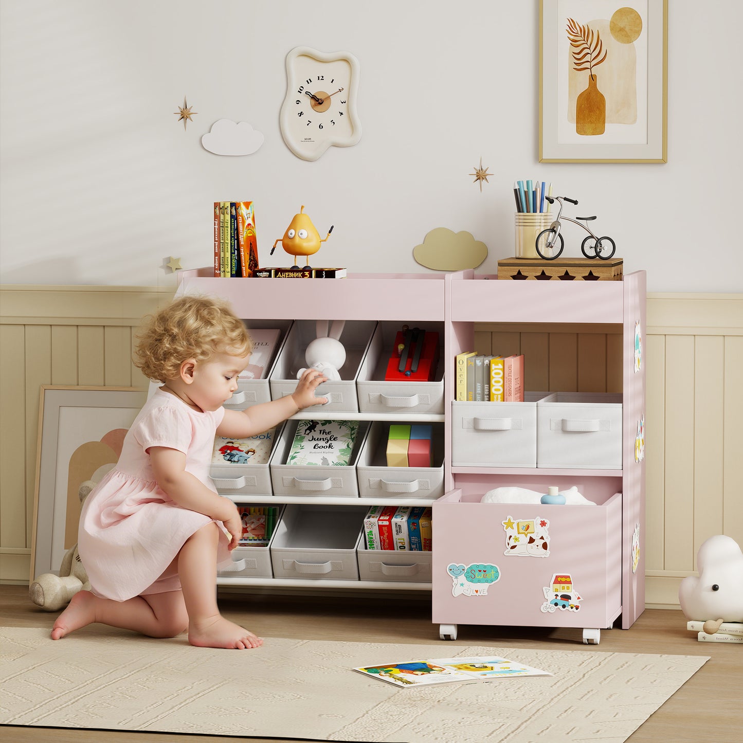 Kids Toy Storage Unit with 11 Bins, Cabinet, Top Shelves, 3 Stickers, for Nursery, Playroom, Pink