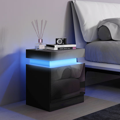 Black Bedside Table with LED Light, High Gloss Front Nightstand with 2 Drawers, for Living Room, Bedroom