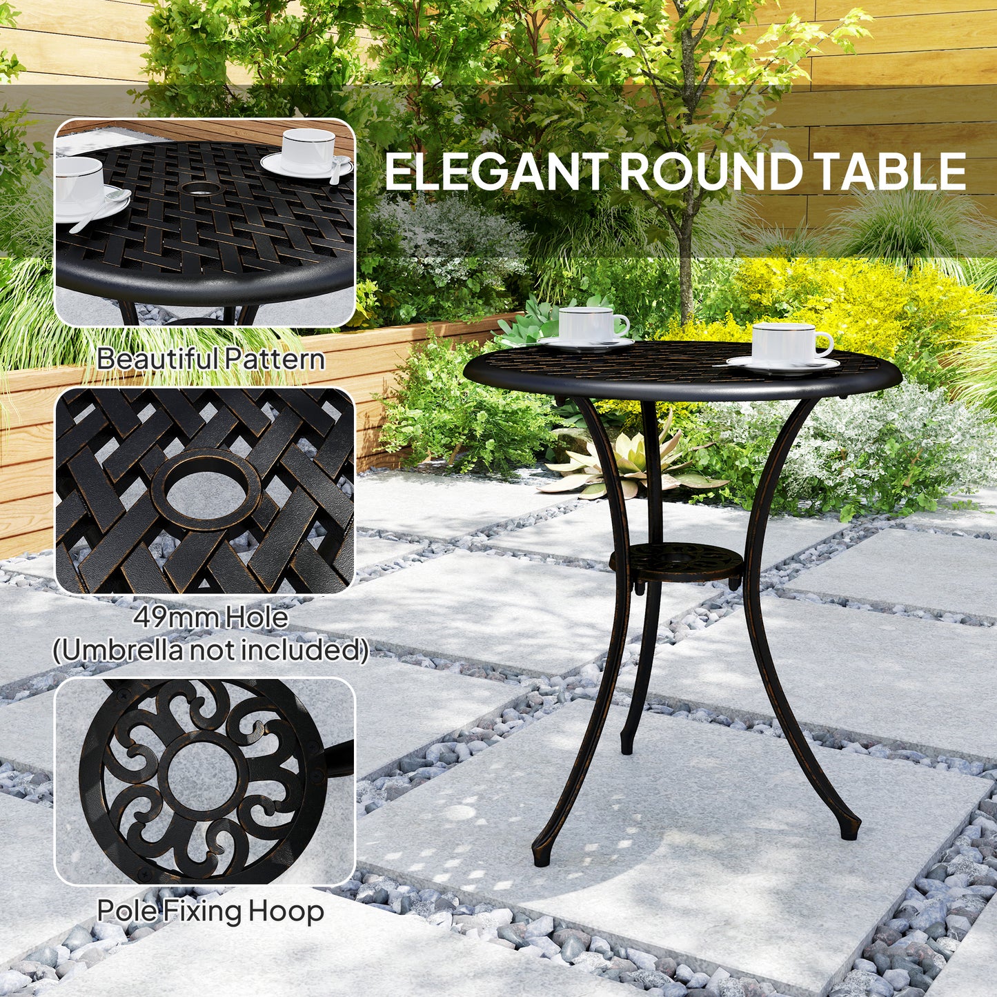 3 Pieces Garden Dining Set for 2, Cast Aluminium Outdoor Dining Set with 2 Armchairs and Round Dining Table with Parasol Hole