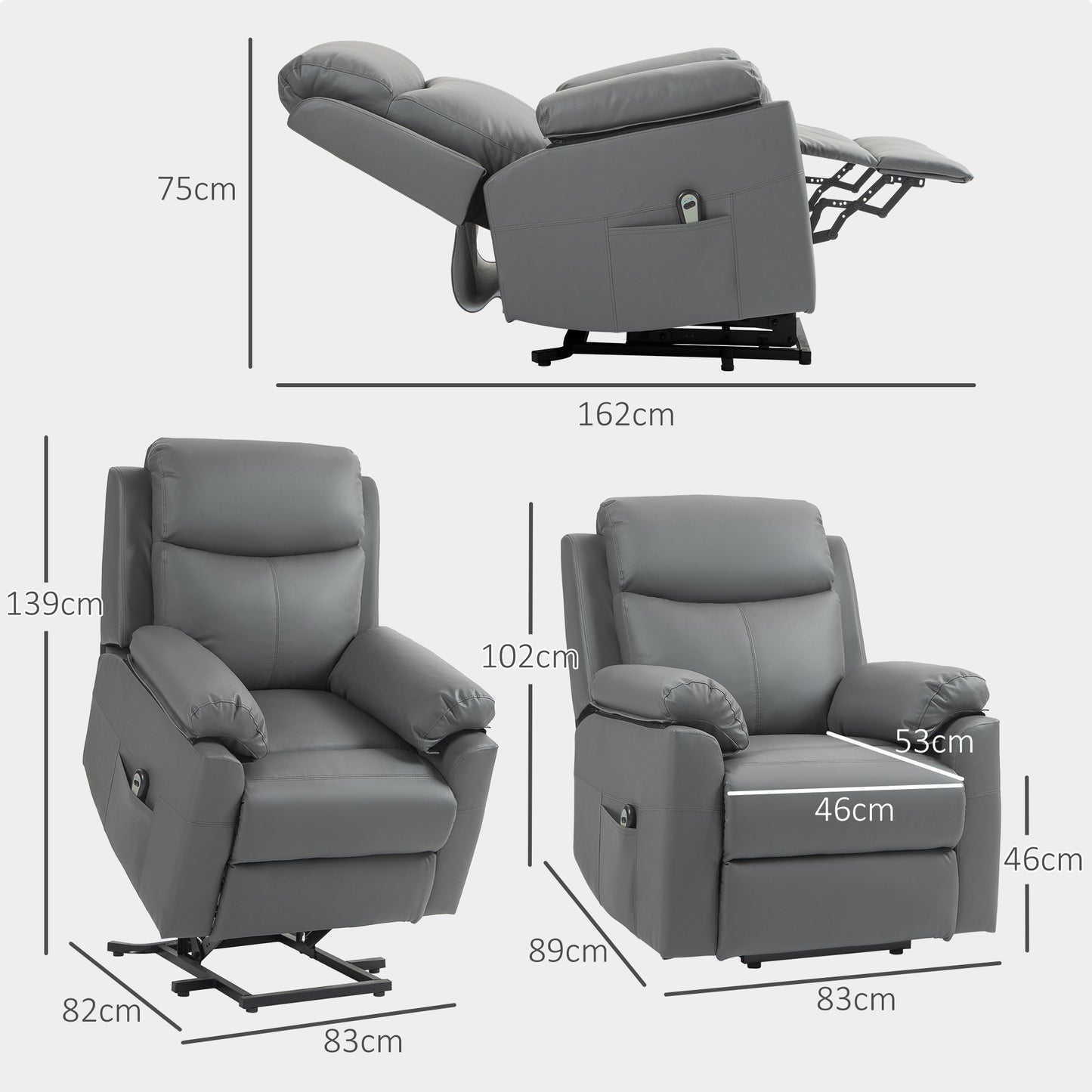 Faux Leather 70° Electric Riser Recliner Chair, Charcoal Grey