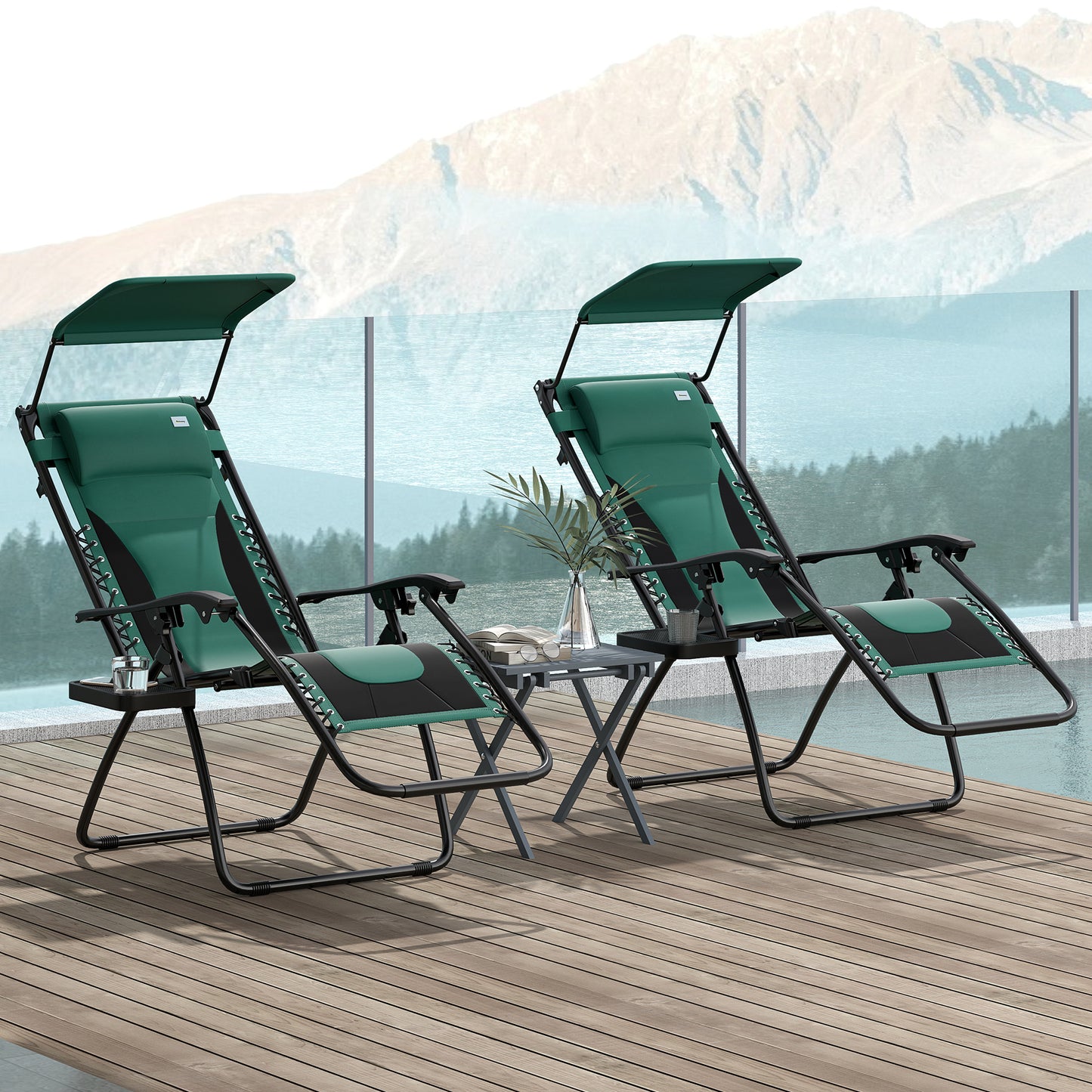 Zero Gravity Lounger Chair Set of 2, Folding Reclining Patio Chair with Shade Cover, Padded Seat, Cup Holder