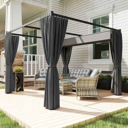 3 x 3(m) Retractable Pergola, Garden Gazebo Shelter with Curtains, for Grill, Patio, Deck, Charcoal Grey