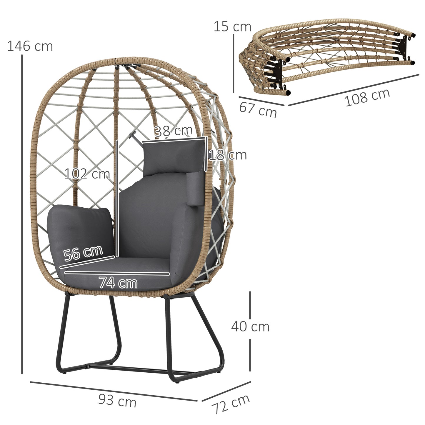 Rattan Egg Chair Outdoor Indoor Wicker Chair with Thickened Cushion and Headrest, Standing Garden Egg Chair with Cup Holder