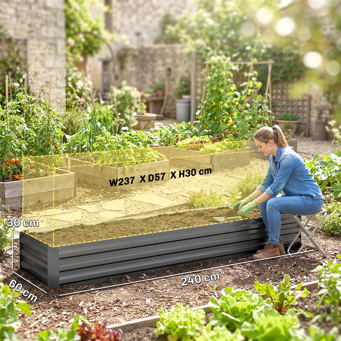60 x 240cm Galvanised Steel Planter, with Open Bottom