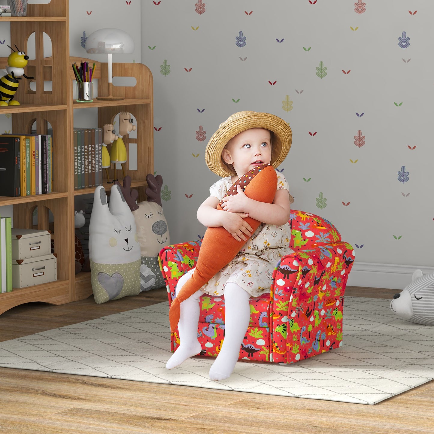 Kids Armchair with Dinosaur Design, Wooden Frame, for Bedroom, Playroom, Kids Room - Red