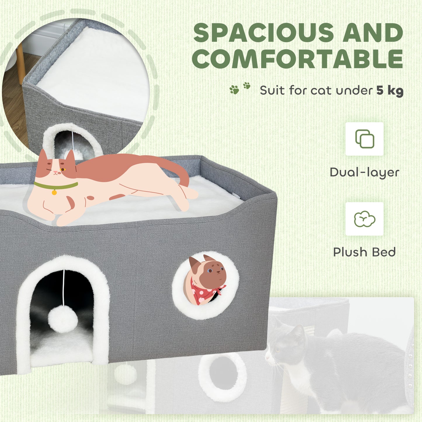 Cat Bed for Indoor Pets, Foldable Cat House with Fluffy Ball and Scratch Pad for Small and Medium Pets, Grey