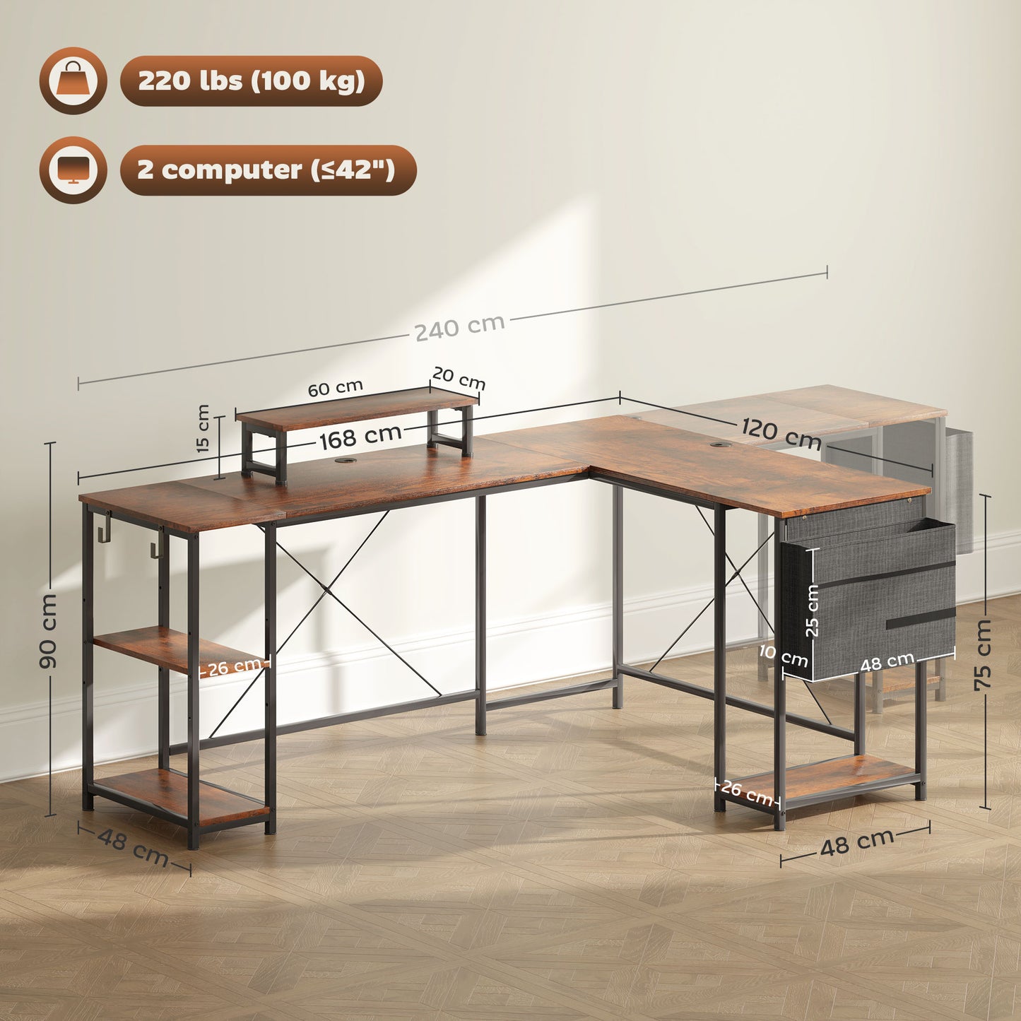 168cm Reversible L Shaped Desk, Industrial Corner Computer Desk with Adjustable Shelf and Storage Bag