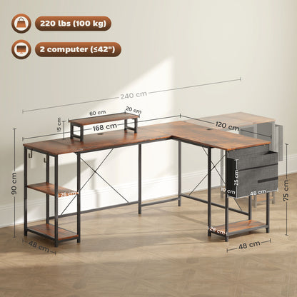 168cm Reversible L Shaped Desk, Industrial Corner Computer Desk with Adjustable Shelf and Storage Bag