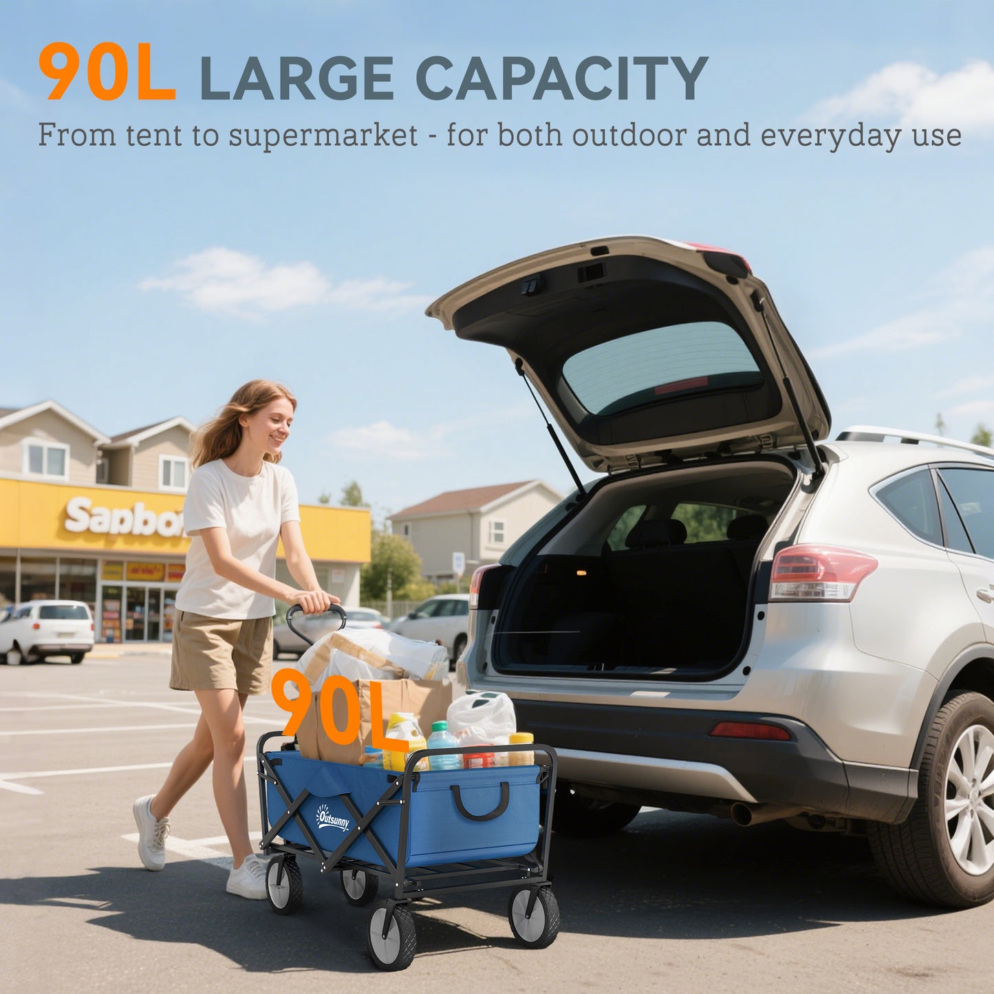 135L Festival Trolley on Wheels, Folding Wagon Camping Trolley Cart with Adjustable Handle, Dual Brakes