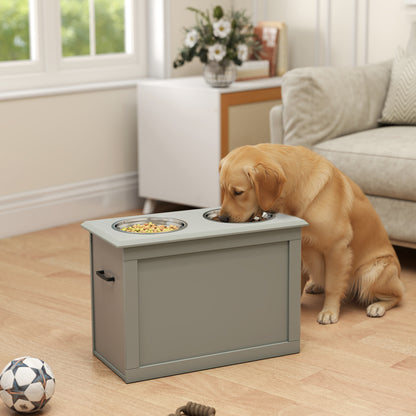 Raised Dog Bowls, with Storage, Two Stainless Steel Bowls, Elevated Base - Grey