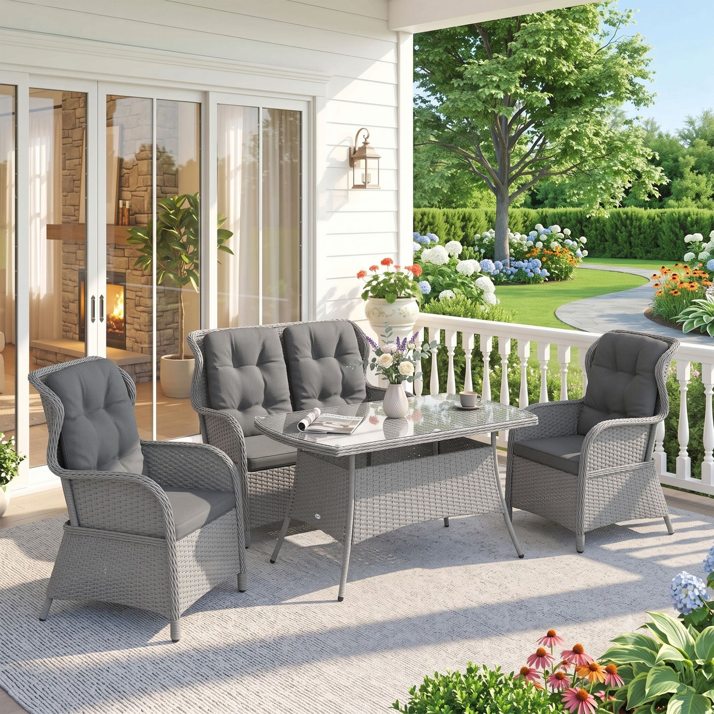 Garden PE Rattan Dining Sofa Set, Outdoor 4 Seater Wicker Furniture, High Back Chairs with Cushions