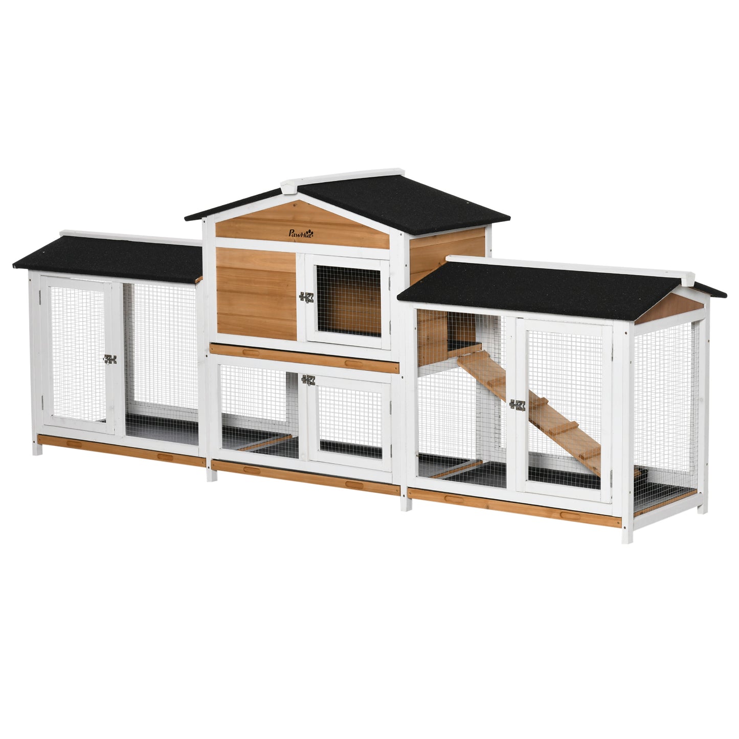 2-Tier Large Rabbit Hutch Outdoor with Double Side Run Boxes, No-leak Plastic Tray, Ramp, 230 x 53 x 93.5cm, White